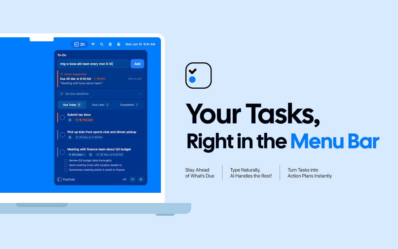PopTask - AI Powered Menu Bar To-do List Preview